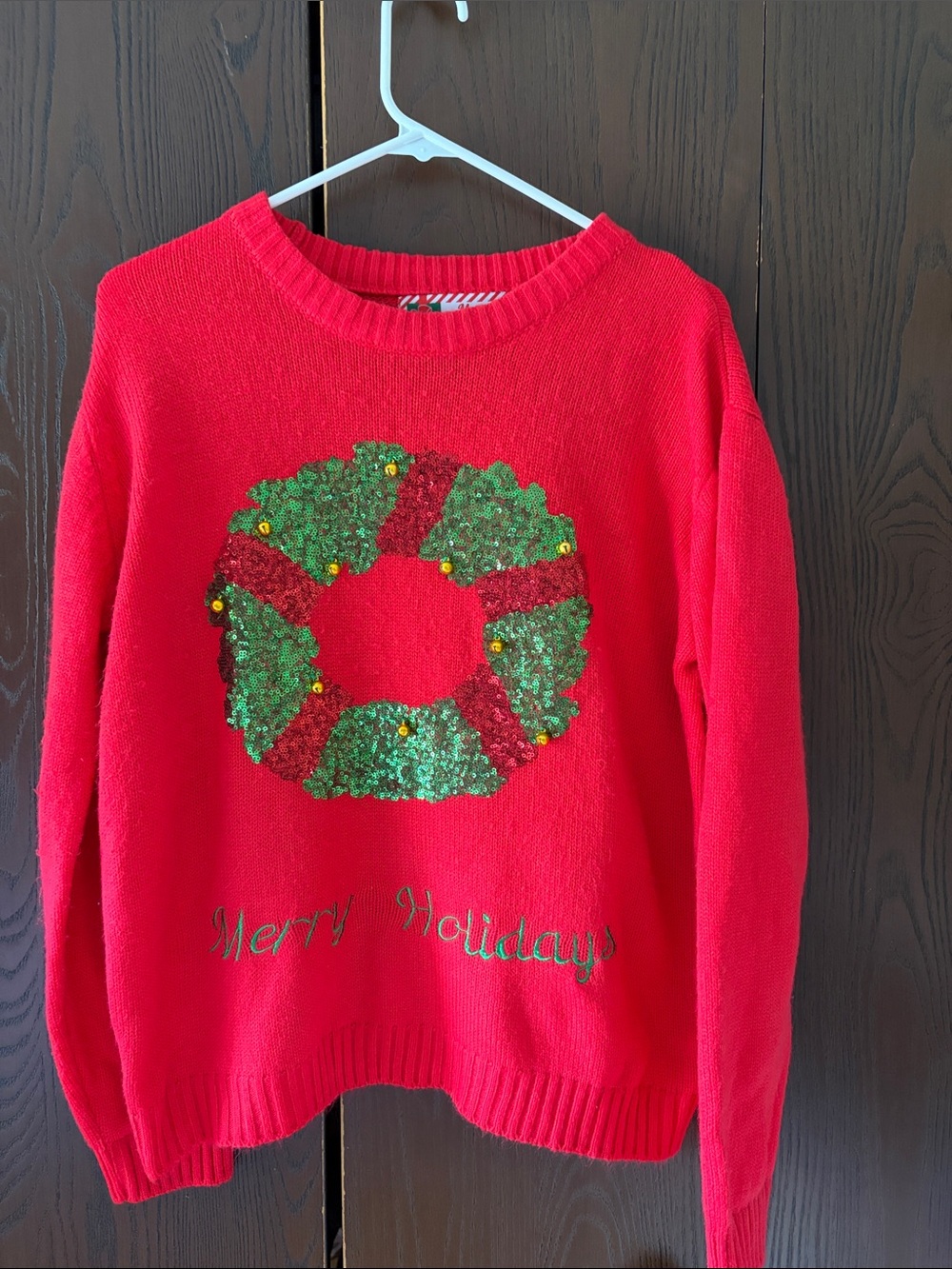 Merry Christmas Red Sequin Wreath Holiday Crewneck Sweater. Size Large